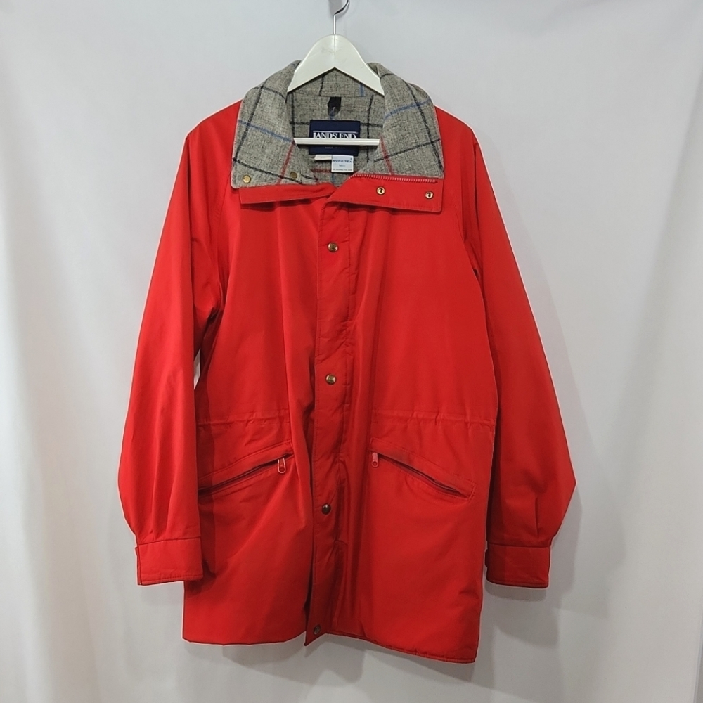 Vintage LAND'S END Made in USA Cherry Red Goretex Jacket Plaid Wool Lining sz L